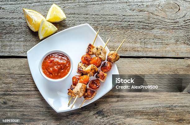 Grilled Chicken Skewers With Cherry Tomatoes Stock Photo - Download Image Now - Barbecue - Meal, Cherry Tomato, Chicken Meat