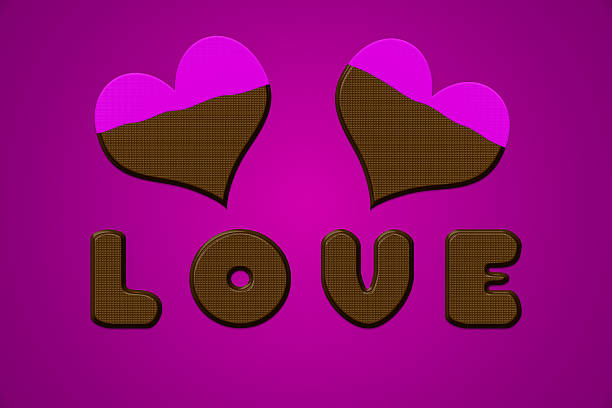 Love letters and hearts in chocolate for valentine day. Illustration on purple background with pink icing.