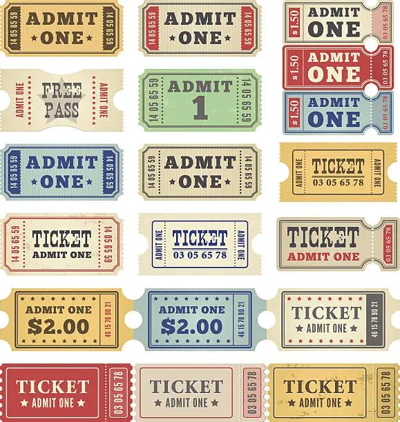 Vector illustration of Retro tickets in a collection of colors