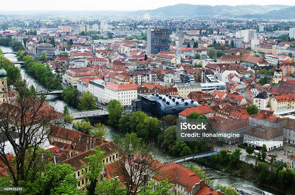 Graz roofs and Kunsthaus Famous view over the rooftops of Graz. Aerial View Stock Photo