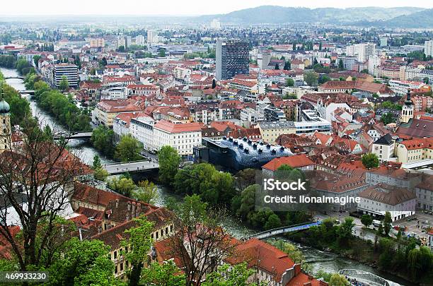 Graz Roofs And Kunsthaus Stock Photo - Download Image Now - Aerial View, Graz, 2015