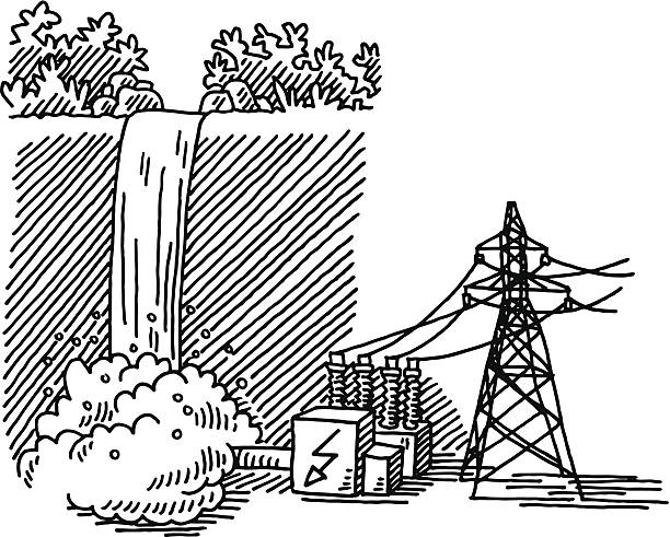 Waterfall Power Generation Drawing Hand-drawn vector drawing of a Waterfall Power Generation Scheme. Black-and-White sketch on a transparent background (.eps-file). Included files are EPS (v10) and Hi-Res JPG. electricity drawings stock illustrations