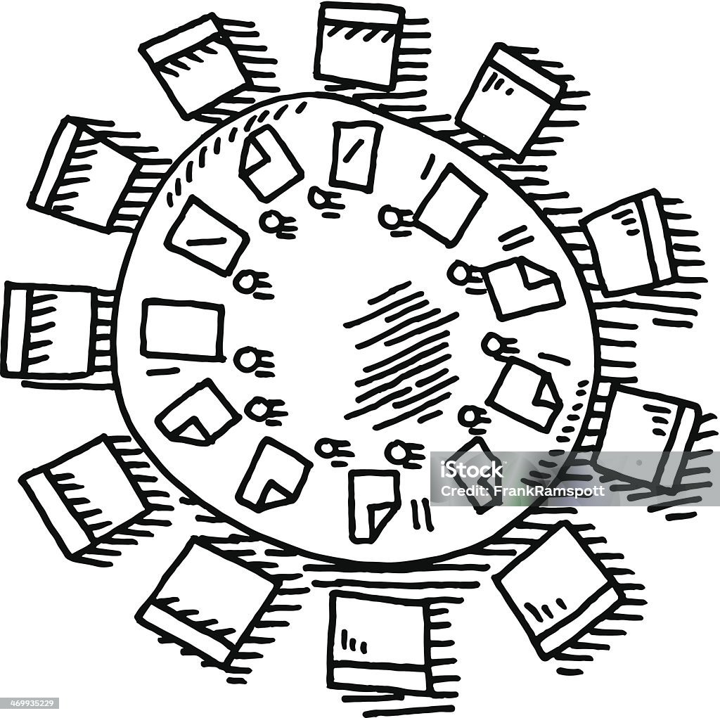 Meeting Round Table Drawing Hand-drawn vector drawing of a Meeting Symbol with a Round Table. Black-and-White sketch on a transparent background (.eps-file). Included files are EPS (v10) and Hi-Res JPG. Meeting stock vector