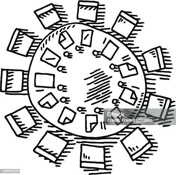 Meeting Round Table Drawing Stock Illustration - Download Image Now - Meeting, Doodle, Black And White