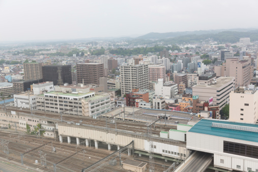 Morioka, Japan - May 28, 2013 : High Angle view of Morioka City in Iwate Prefecture, Tohoku region of Japan. It is the capital city of Iwate Prefecture.