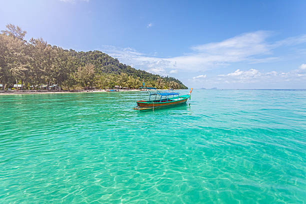 istock Little boat by tropical island, perfect vacation concept. 469936702