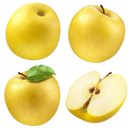 Yellow apple. Collection. Set of fruits and leaf isolated on white