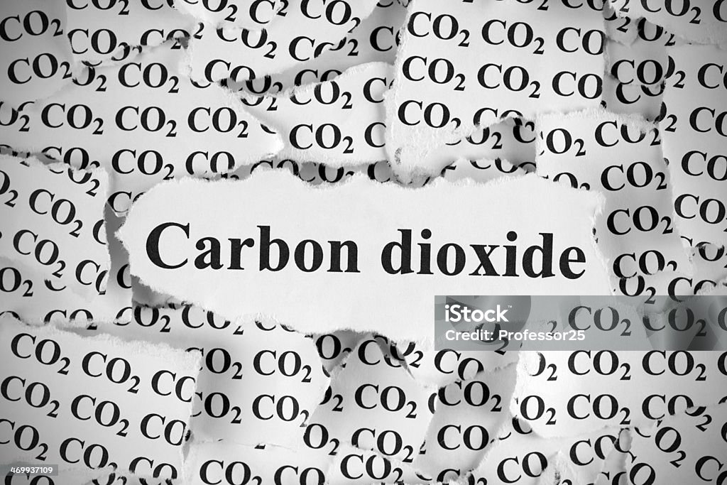 Carbon Dioxide Torn pieces of paper with the words "CO2" and "Carbon Dioxide". Black and White. Close-up. Air Pollution Stock Photo