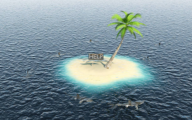 istock Tropical island with sharks 469938179