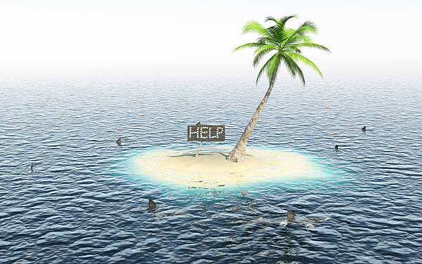 istock Tropical island with sharks 469938187