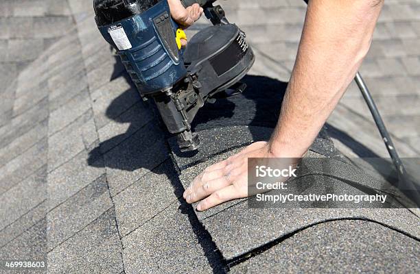 Installing Shingles Over Ridge Vent Stock Photo - Download Image Now - Rooftop, Repairing, Wood Shingle