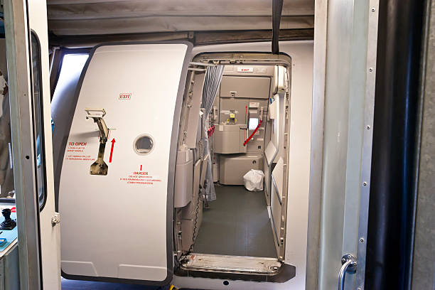 Airplane Main Cabin Door Airplane main cabin door and kitchen area of the first class, view from docked gateway. vehicle door stock pictures, royalty-free photos & images