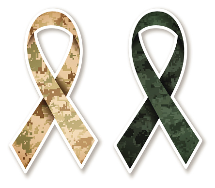 Camouflage military salute to service veterans ribbon. Includes both desert camouflage and dark green camouflage. EPS 10 file. Transparency effects used on highlight elements.