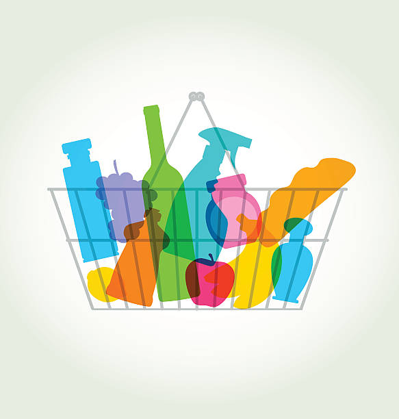 a shopping basket with colorful grocery silhouettes - grocery shopping stock illustrations