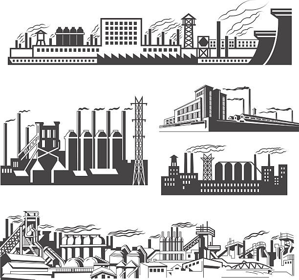 A set of factory silhouettes isolated on white Some industrial Factories silhouette patterns. steel mill stock illustrations