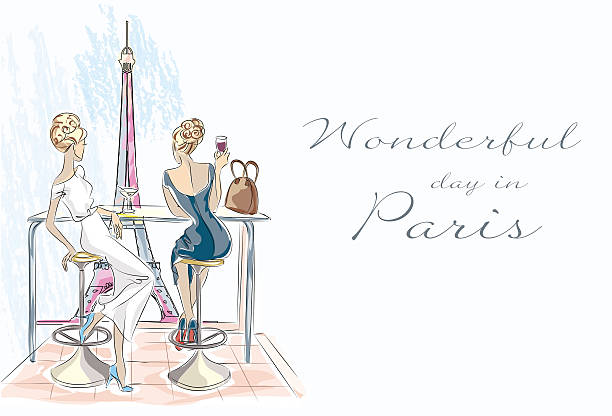 Fashion girl in cafe look out the window Fashion girl in cafe drinking cocktail and look out the window hand drawn illustration Background with model and Eiffel tower view paris fashion stock illustrations