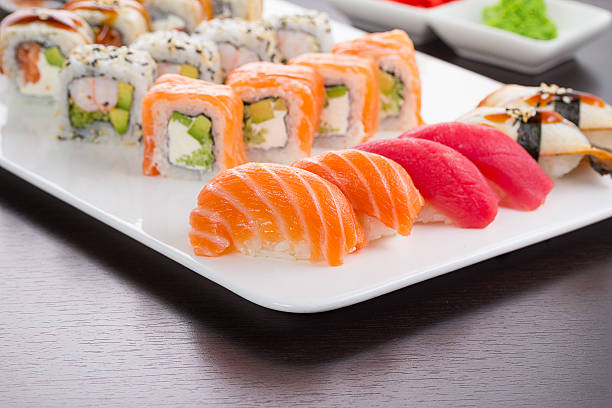 istock Japanese tasty sushi set on white plate 469942866