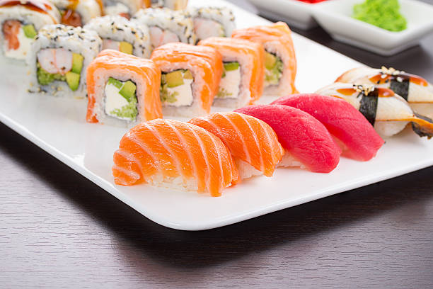 istock Japanese tasty sushi set on white plate 469942868
