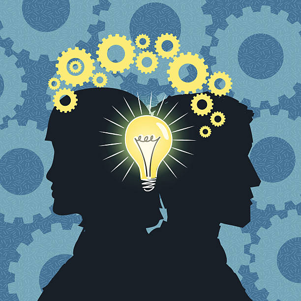 Businessman and Woman Sharing Ideas Businessman and Woman Sharing Ideas And Concepts two heads are better than one stock illustrations