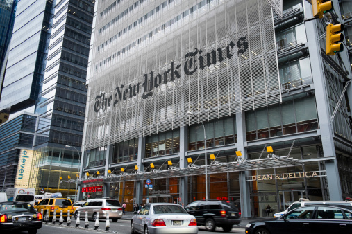 New York, USA- May 20, 2013: The front of The New York Times Building. Located on 620 8th Avenue in Midtown Manhattan.