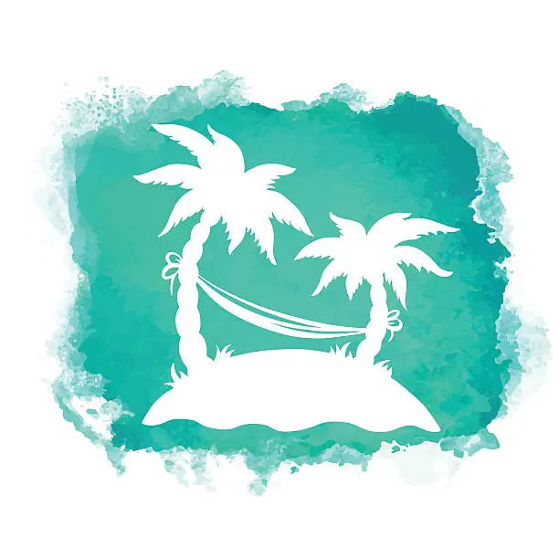 Vector illustration of Watercolor, palm trees,  island, hammock