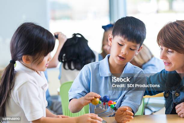 Asian Students Studying Solar System In Private Elementary Science Classroom Stock Photo - Download Image Now