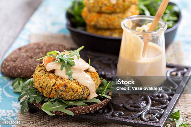 Vegan Burgers With Sweet Potato And Chickpeas Stock Photo - Download Image Now - Burger, Chick-Pea, Arugula