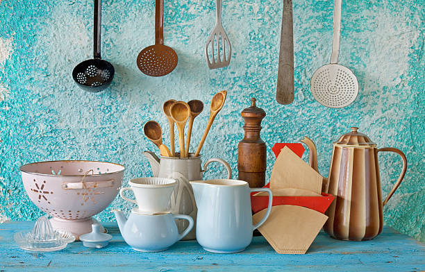 istock collection of vintage kitchenware, blue background 469950561