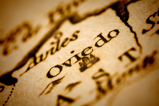 Oviedo on an old 1790's map.  Oviedo is the capital city of the Principality of Asturias in northern Spain and the administrative and commercial centre of the region. Selective focus and Canon EOS 5D Mark II with MP-E 65mm macro lens.