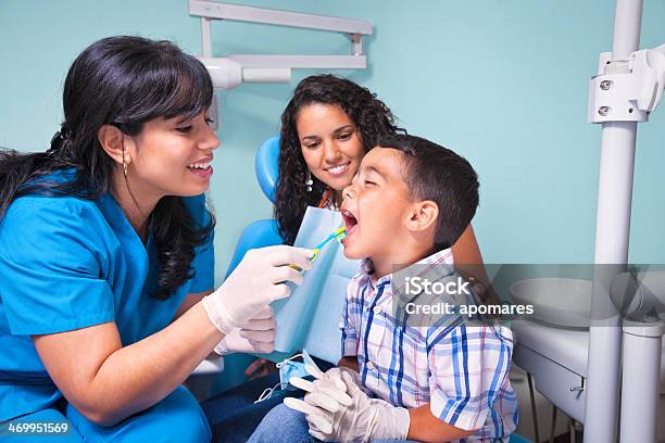 Hispanic Dentist And Mother Teaching Child Use Of Toothbrush Stock Photo - Download Image Now