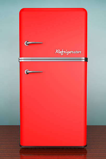 istock Red retro style refrigerator on wood floor 469951924