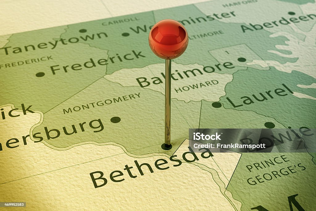 Bethesda Map City Straight Pin Vintage 3D Render of a Straight Pin at the Position of the City of Bethesda on a Map of Maryland. Vintage Color Style. Very high resolution available!   Bethesda - Maryland Stock Photo
