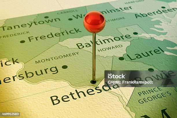 Bethesda Map City Straight Pin Vintage Stock Photo - Download Image Now - Bethesda - Maryland, Maryland - US State, Map