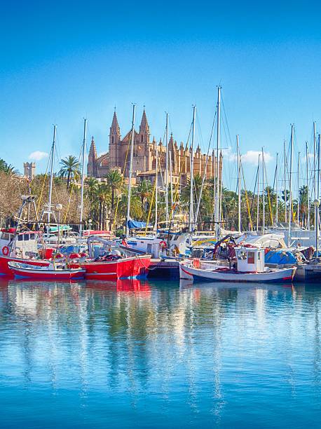Lake with boats and Cathedral of Majorca in background stock photo