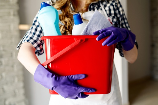 Close-up of woman's hands holding bucket full of cleaners