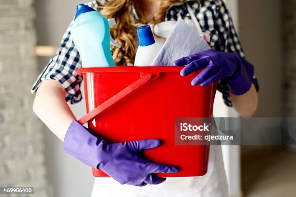 Closeup Of Womans Hands Holding Bucket Full Of Cleaners Stock Photo - Download Image Now