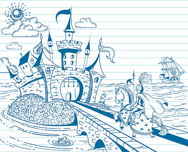 Hand drawn doodle ink landscape with castle and knight vector art illustration