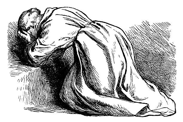 The penitent A monkish individual kneeling in prayer or penitence. From “Stories For The Household” by Hans Christian Andersen. Illustrations by A.W. Bayes; engravings by Dalziel brothers. Published by George Routledge & Sons Ltd of London, Glasgow, Manchester and New York in 1891. drawing of a man kneeling in prayer stock illustrations