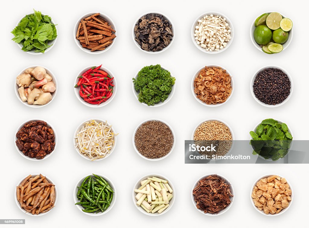 composite with varieties of ingredients composite with many different varieties of ingredients in small white bowls Thai Food Stock Photo