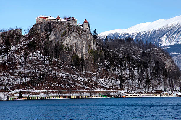 lago desangrados con el castillo de sangrado, eslovenia - castle slovenia winter snow fotografías e imágenes de stock