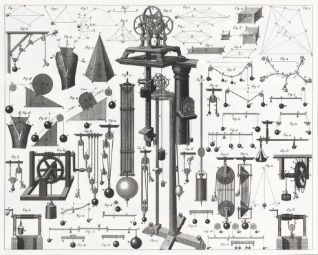 Engraved illustrations of Theories of Force and Gravity; Demonstrations of These and Other Physical Laws from Iconographic Encyclopedia of Science, Literature and Art, Published in 1851. Copyright has expired on this artwork. Digitally restored.
