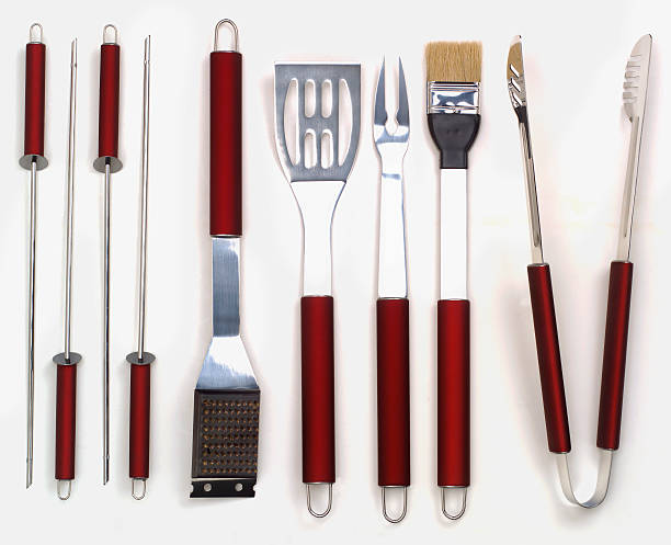 BBQ tool set Red handled, BBQ tool set serving tongs stock pictures, royalty-free photos & images