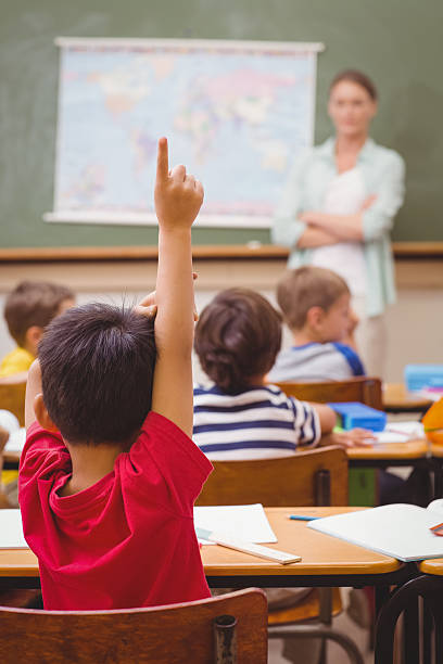 istock Pupil raising hand during geography lesson in classrorm 469968518