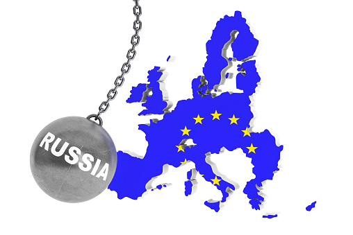 Russia Destroy Europe Concept.  Wrecking Ball as Russia with Europe Map on a white background