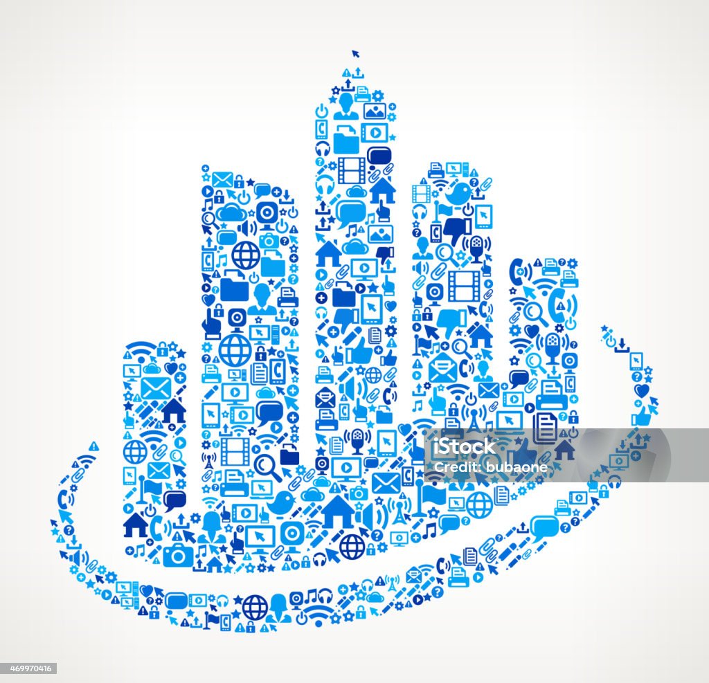 City Buildings on vector technology pattern Background City Buildings on vector technology pattern Background. The pattern features blue royalty free vector icons on white background. This vector collage features cloud computing, email, globe, microphone, world map, shopping cart, laptop, computer mouse, screen, smart phone, e-commerce, printer and internet and technology icons. 2015 stock vector