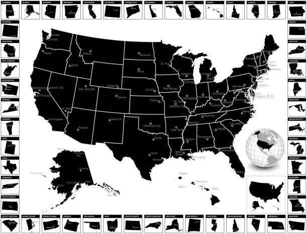 Vector illustration of Detailed editable vector US state map with capitals and cities.