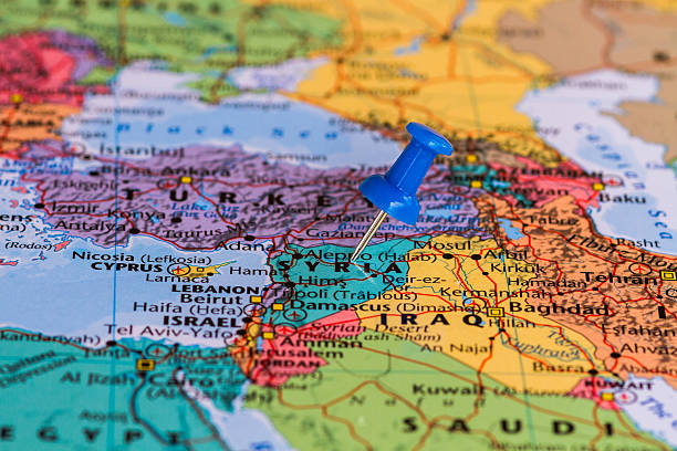 istock Map of Syria with a blue pushpin stuck 469975574