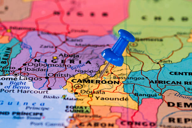 istock Map of Cameroon with a blue pushpin stuck 469980576