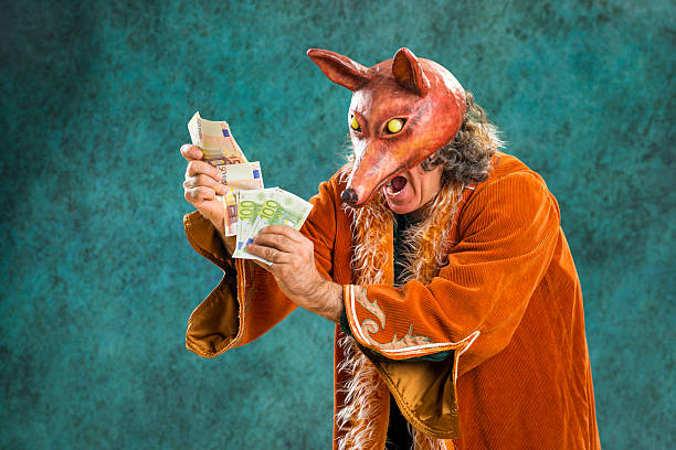 Rich man wearing fox mask loves banknotes
