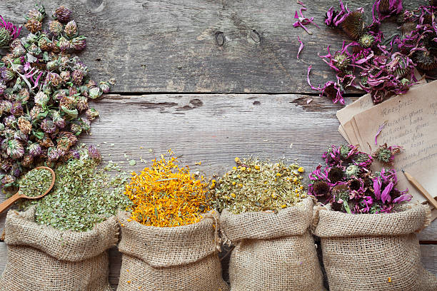 istock Healing herbs in hessian bags on old wooden rustic table 469983546